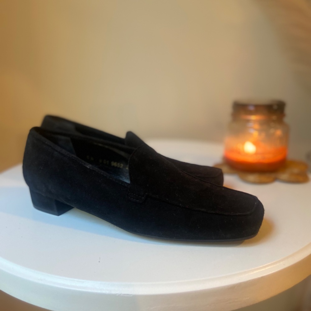 Black suede French loafers